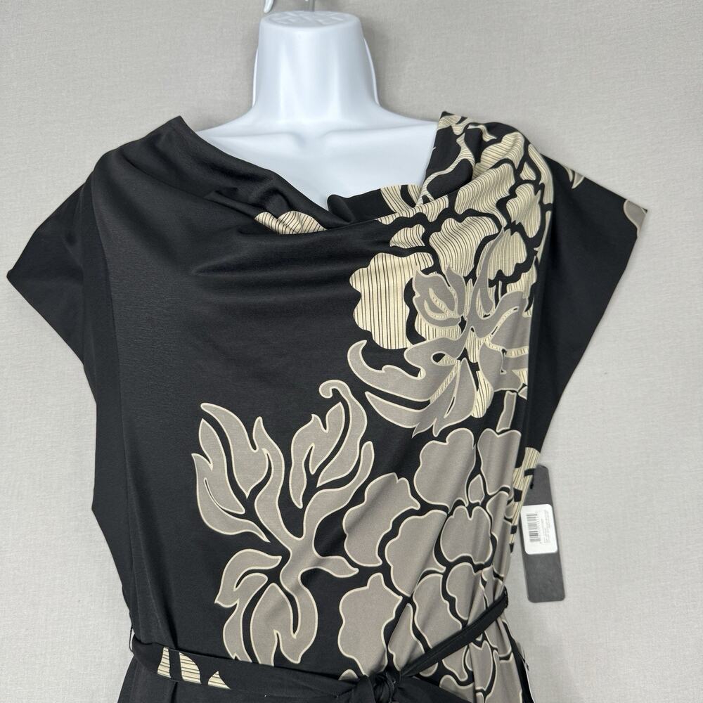 Komarov Womens Dress M Black Floral Jersey Knit Belted Cowl Neck Cocktail Career - Picture 2 of 11
